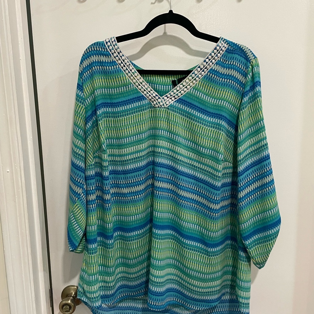 Blue and Green V-Neck Women's Top